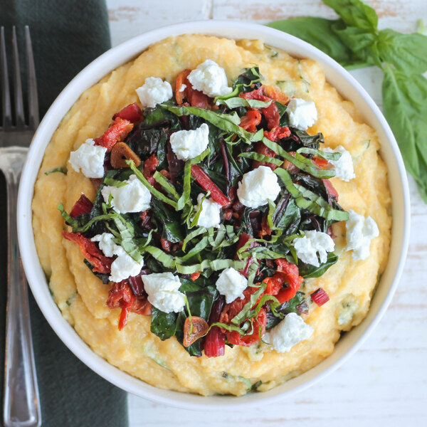 Polenta with Goat Cheese, Swiss Chard, Sun-Dried Tomatoes & Basil
