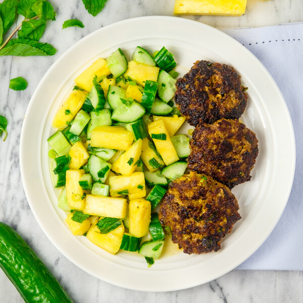 Thai Beef Patties with Minty Pineapple-Cucumber Salad