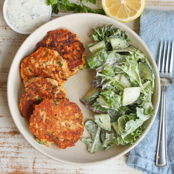 "Tuna Melt" Fritters with Cucumber Mixed Greens & Lemony Yogurt Sauce