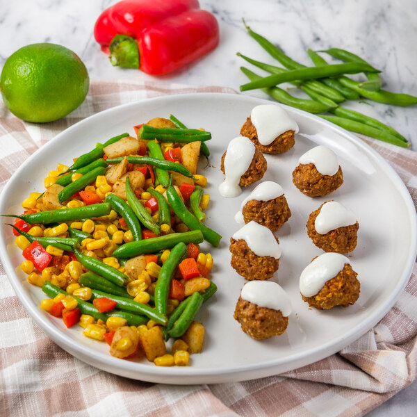 Spicy Veggie Meatballs with Lime Yogurt & Green Bean Vegetable Sauté