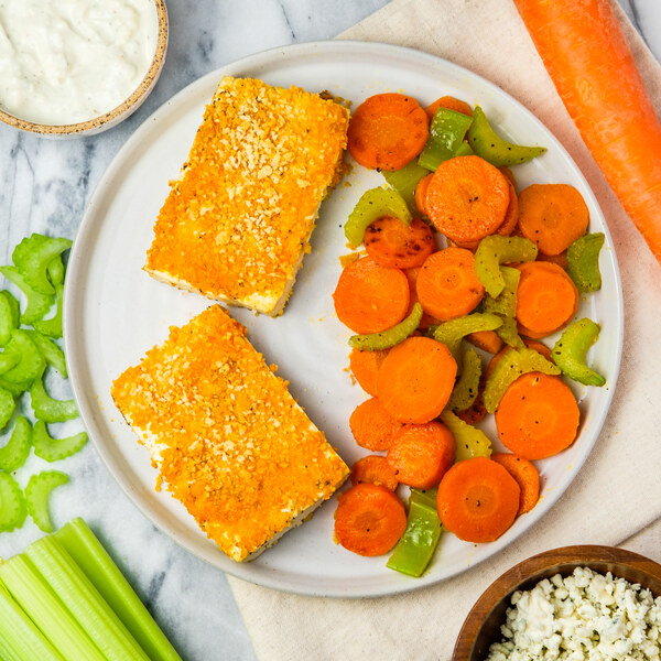 Baked Buffalo Tofu with Carrot-Celery Sauté & Blue Cheese Sauce
