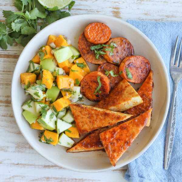 Hot Honey-Lime Tofu with Sweet Potatoes, Mango Apple Salad & Cilantro