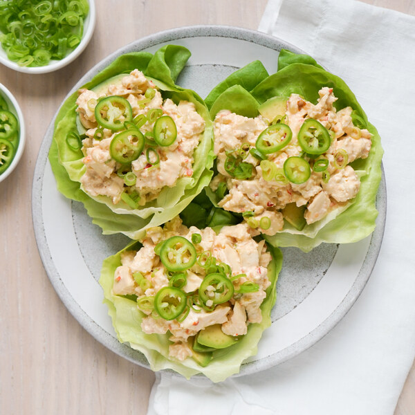 Spicy Tofu Salad Lettuce Wraps with Avocado, Green Onions & Jalapeño