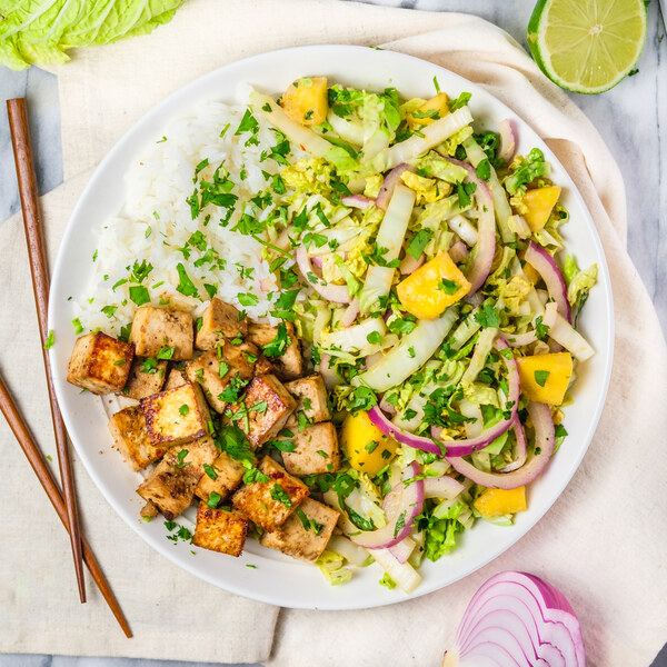 Soy-Baked Tofu Rice Bowl with Mango Cabbage Slaw & Cilantro