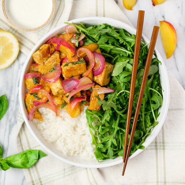 Balsamic Roasted Tempeh-Peach Rice Bowl with Arugula & Lemon Sauce