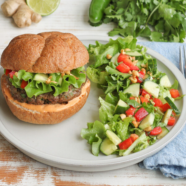 Asian Veggie Burgers with Cucumber-Lettuce Salad, Spicy Mayo & Peanuts