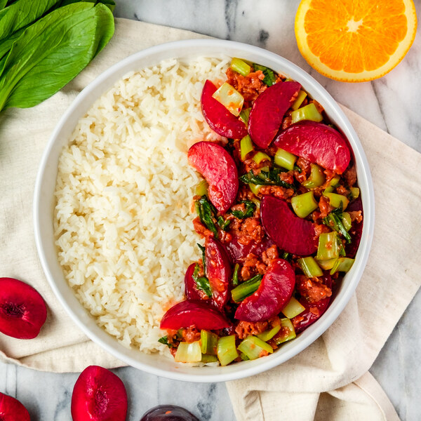 Sweet 'n' Sour Veggie Ground Stir-Fry with Plums, Bok Choy & Rice