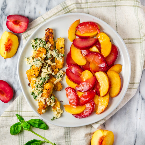 Seared Tempeh with Basil Parmesan "Tapenade" & Warm Peach-Plum Medley
