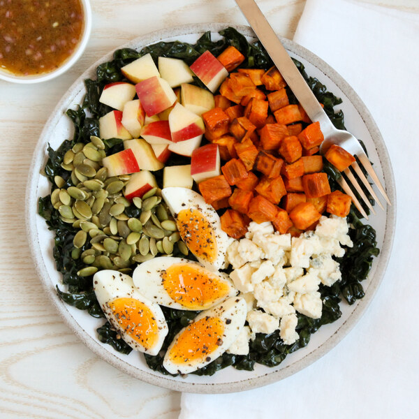 Kale Cobb Salad with Sweet Potato, Egg, Blue Cheese & Pumpkin Seeds