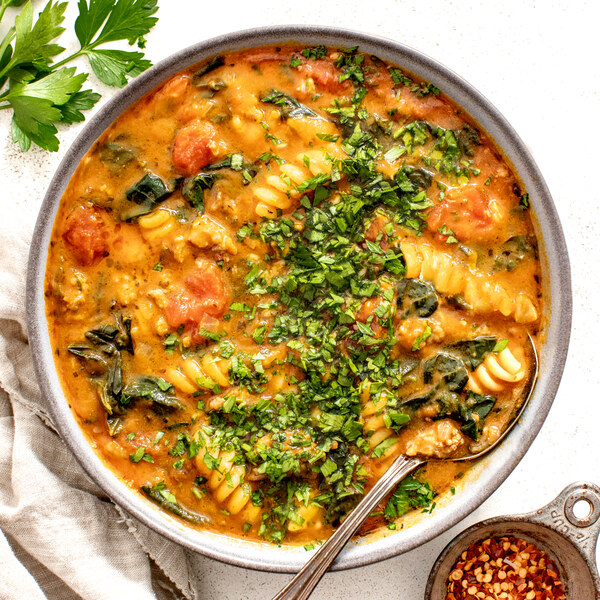 Hearty Tuscan Veggie Ground, Pumpkin & Spinach Soup with Parsley