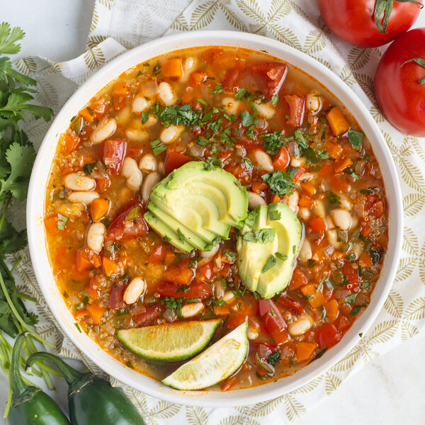 Spicy White Bean-Quinoa Soup with Mixed Vegetables, Cilantro & Avocado