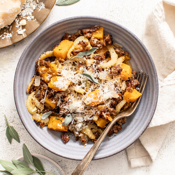 Cheesy Veggie Ground, Butternut Squash & Fennel Skillet with Sage