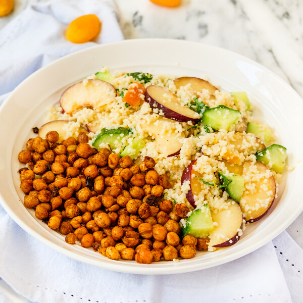 Crispy Spiced Chickpeas with Apricot, Plum & Cucumber Couscous Salad