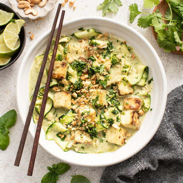 Tofu Thai Green Curry with Zucchini Noodles, Cashews, Basil & Cilantro