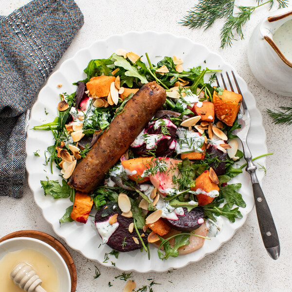 Vegan Sausage with Honey-Roasted Root Veggies, Arugula, Dill & Almonds