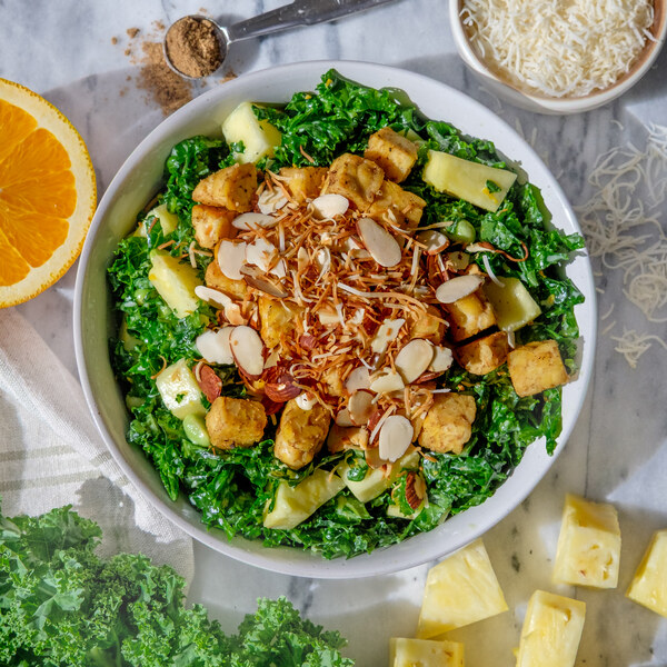 Kale Salad with Tempeh, Pineapple, Coconut & Orange Yogurt Dressing