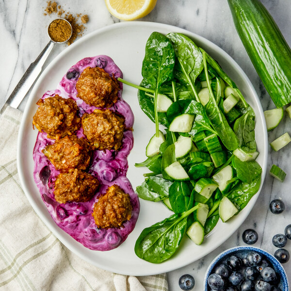 Coriander Veggie Meatballs with Blueberry Yogurt Sauce & Spinach Salad
