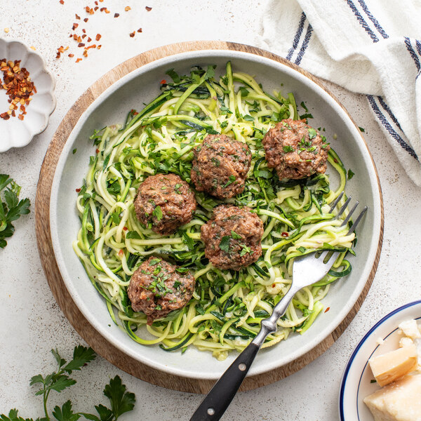Italian Veggie Ground "Meatballs" & Garlic-Parmesan Zucchini Noodles