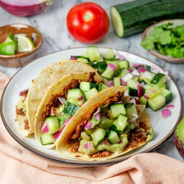 Veggie Ground Smash Tacos with Guacamole, Pickled Onions & Cucumbers