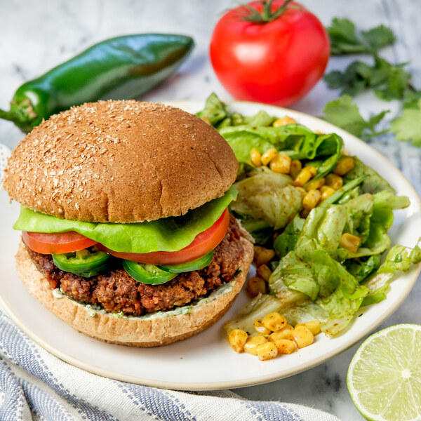 Spicy "Taco" Veggie Burger with Cilantro Aioli & Chili-Corn Salad