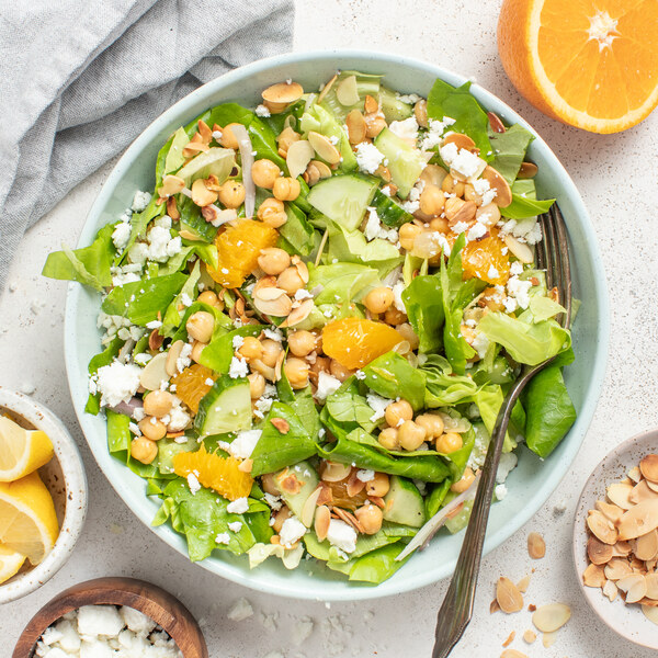 Chickpea-Cucumber Salad with Coconut, Almonds, Feta & Citrus Dressing