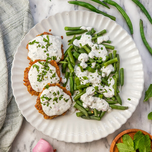 Veggie Ground Fritters & Green Beans with Garlic-Herb Yogurt