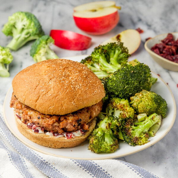 Apple-Veggie Ground Burger with Cranberry Mayo & Roasted Broccoli