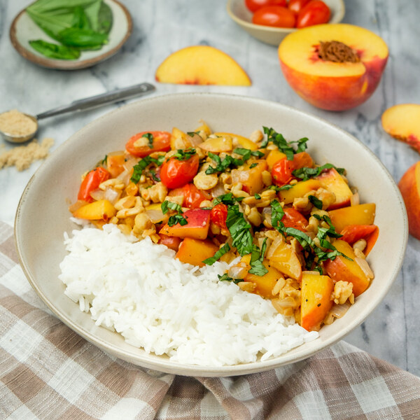 Sweet Soy Tempeh Stir-Fry with Peaches, Tomatoes, Basil & Rice