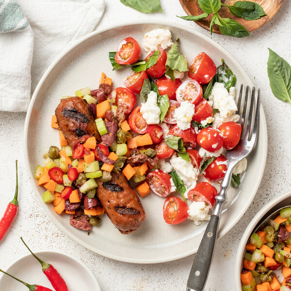 Vegetarian Sausage with Pickled Veggie-Olive Relish & Caprese Salad