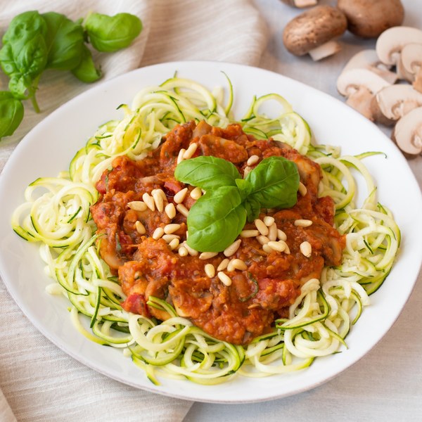 Vegan Mushroom Tomato Sauce on Zucchini Noodles