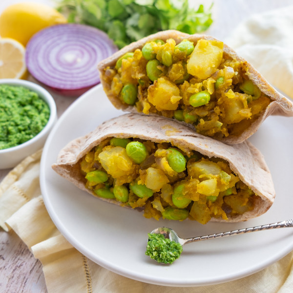 Indian Spiced Potato-Edamame Pockets with Cilantro Chutney