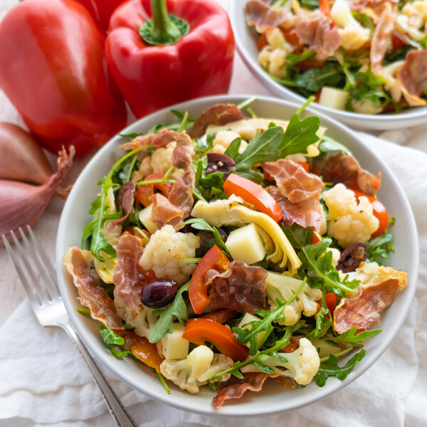 Antipasti Cauliflower Salad with Crispy Prosciutto, Artichokes & Mozzarella
