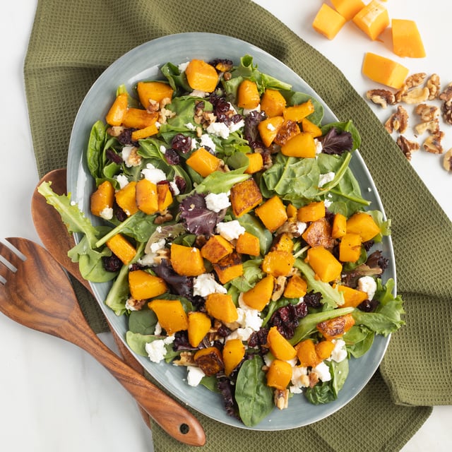 Mixed Green Salad with Roast Butternut Squash, Goat Cheese, Walnuts & Cranberries