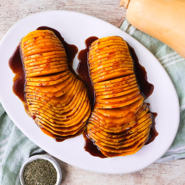Roasted Hasselback Butternut Squash with Maple-Balsamic Glaze