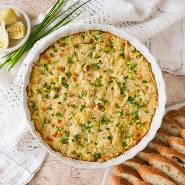 Cheesy Artichoke Dip with Chives & Warm Baguette