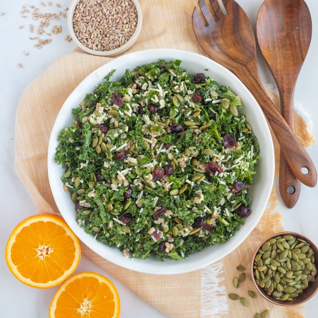 Kale Salad with Farro, Cranberries, Pumpkin Seeds, Parmesan & Orange Vinaigrette