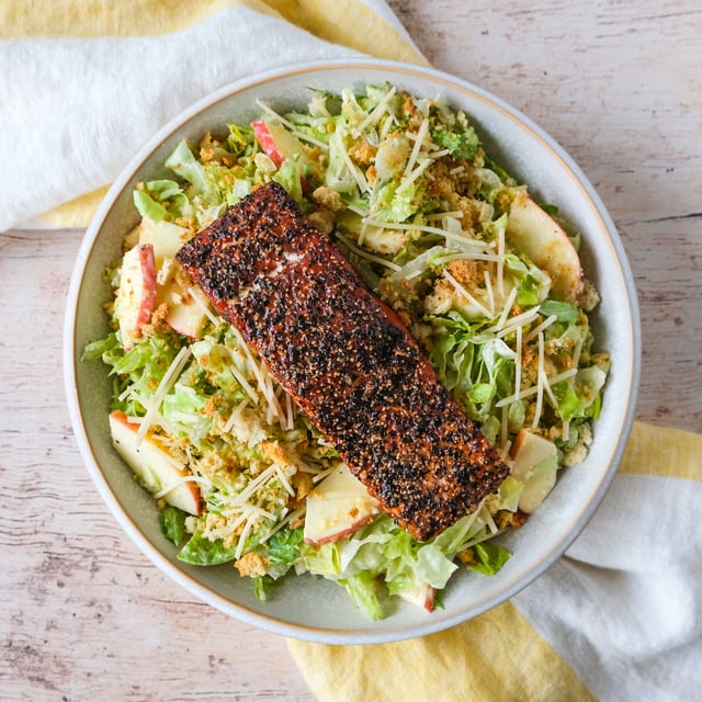 Short Cut Caesar Salad with Peppered Smoked Salmon & Apple