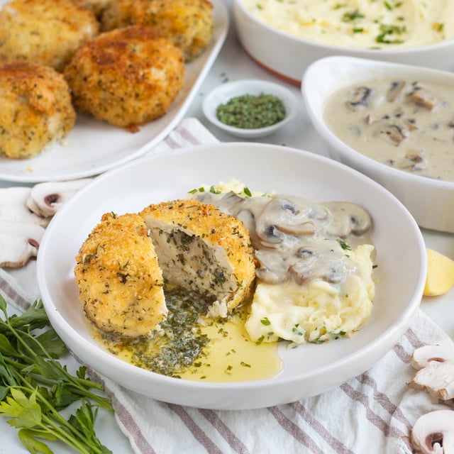 Chicken Kiev (Herb Butter-Stuffed Chicken) with Mashed Potatoes