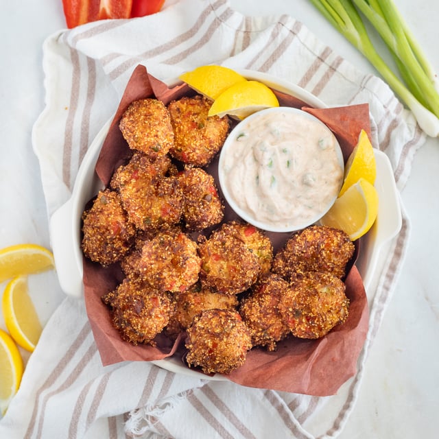Crab Hush Puppies with Lemon & Creamy Green Onion Dipping Sauce