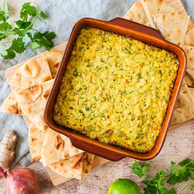 Warm Curried Dungeness Crab Dip with Ginger, Shallots, Cilantro & Naan