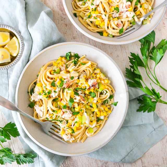 Spicy Dungeness Crab Linguine with Corn, Parsley, Parmesan & Lemon