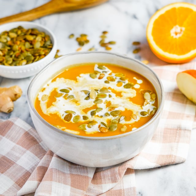 Sweet 'n' Savory Pumpkin Spice Soup with Apple, Orange, Ginger & Vanilla