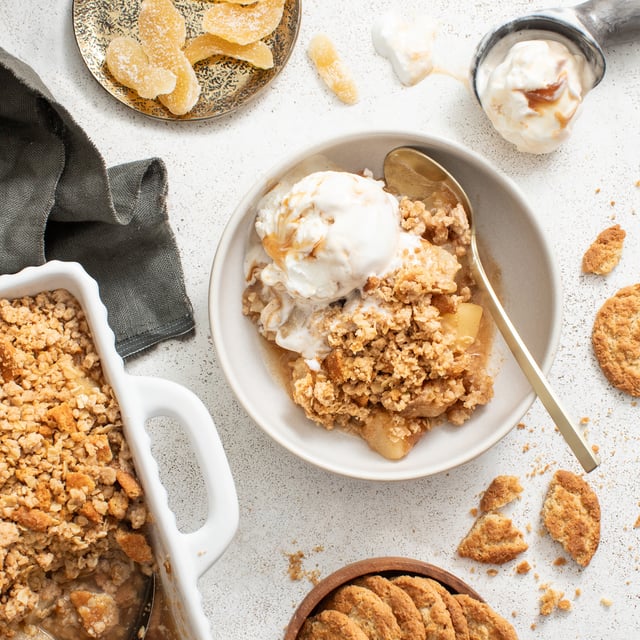 Ginger-Pear Crumble with Caramel Swirl Ice Cream