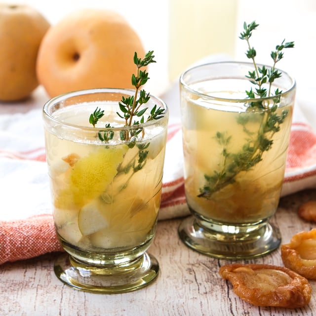 Non-Alcoholic White Wine Sangria with Pear, Lemon, Thyme & Ginger Beer
