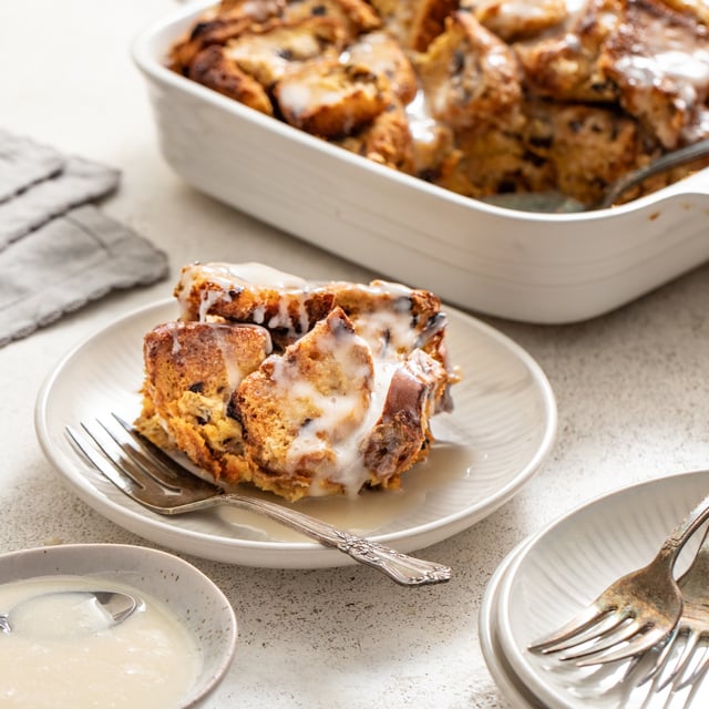 Eggnog Cinnamon-Raisin Bread Pudding with Sugar Glaze