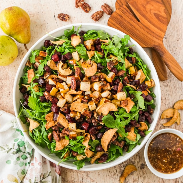 Arugula Salad with Roast Beets, Pears, Apple Chips, Candied Pecans & Pumpkin Spice Vinaigrette