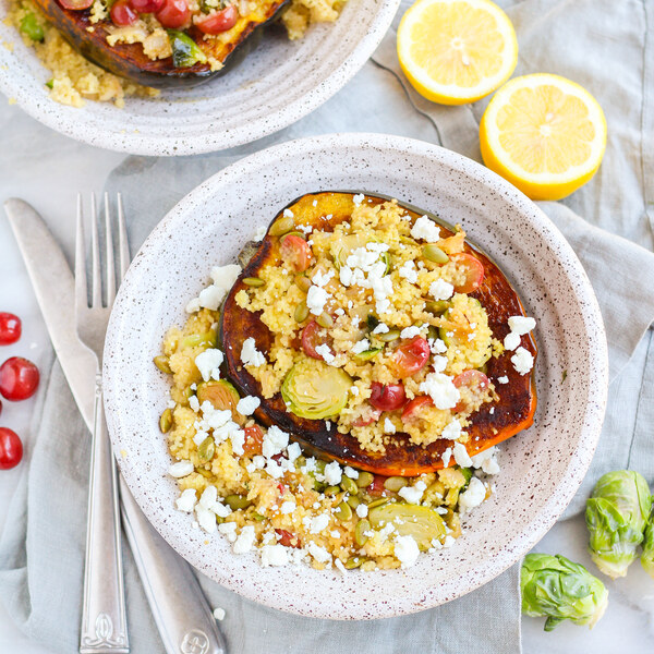 Brussels Sprout, Grape, Couscous & Goat Cheese Stuffed Acorn Squash