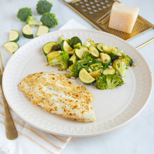 Broiled Parmesan Tilapia with Sautéed Broccoli, Zucchini & Pine Nuts