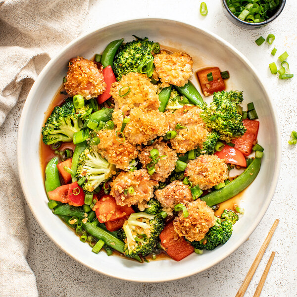 Baked Popcorn Chicken with Sweet & Spicy Snap Pea-Broccoli Sauté ...