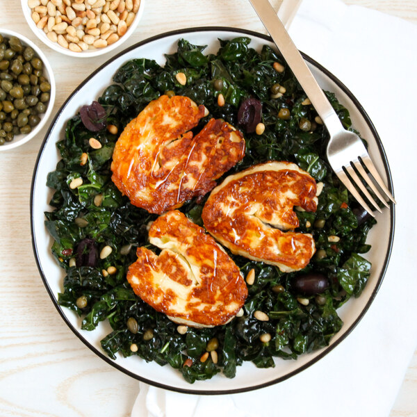 Kale Salad with Seared Halloumi, Olives, Capers, Pine Nuts & Dill | Carrs